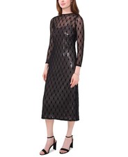 CeCe Women Lace-Over-Metallic Long-Sleeve Midi Dress Black Size S MSRP $99 SALE