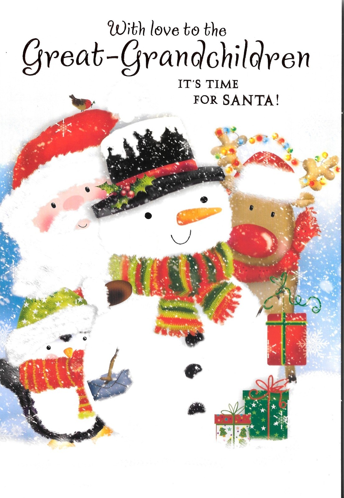 CHRISTMAS CARD WITH LOVE TO THE GREAT GRANDCHILDREN - SANTA, SNOWMAN, REINDEER