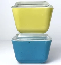 Pyrex Fridgie Refrigerator Dish Primary 4 pc Set Blue 501 Yellow Vintage Lids