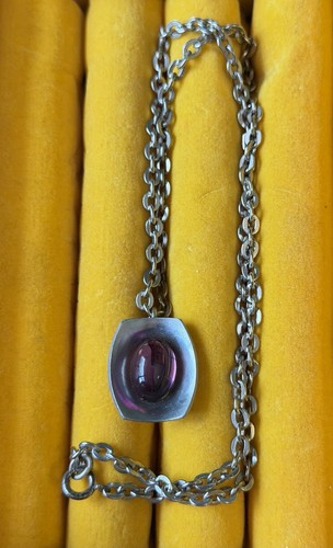 Vintage Jorgen Jensen Denmark MCM Modernist Purple Stone Pewter Pendant Necklace
