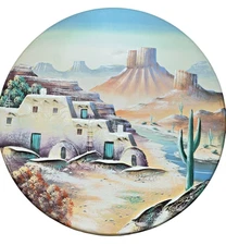 Bernard Southwestern Oasis Landscape Round Canvas Painting By Teresa Textured