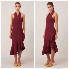 Keepsake Delight Burgundy Halter Ruffle Midi Dress Open Back Cocktail Sz 6