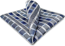 Shlax  Wing Mens Silk Pocket Square Checkered Blue Grey Hanky 12.6 Inches
