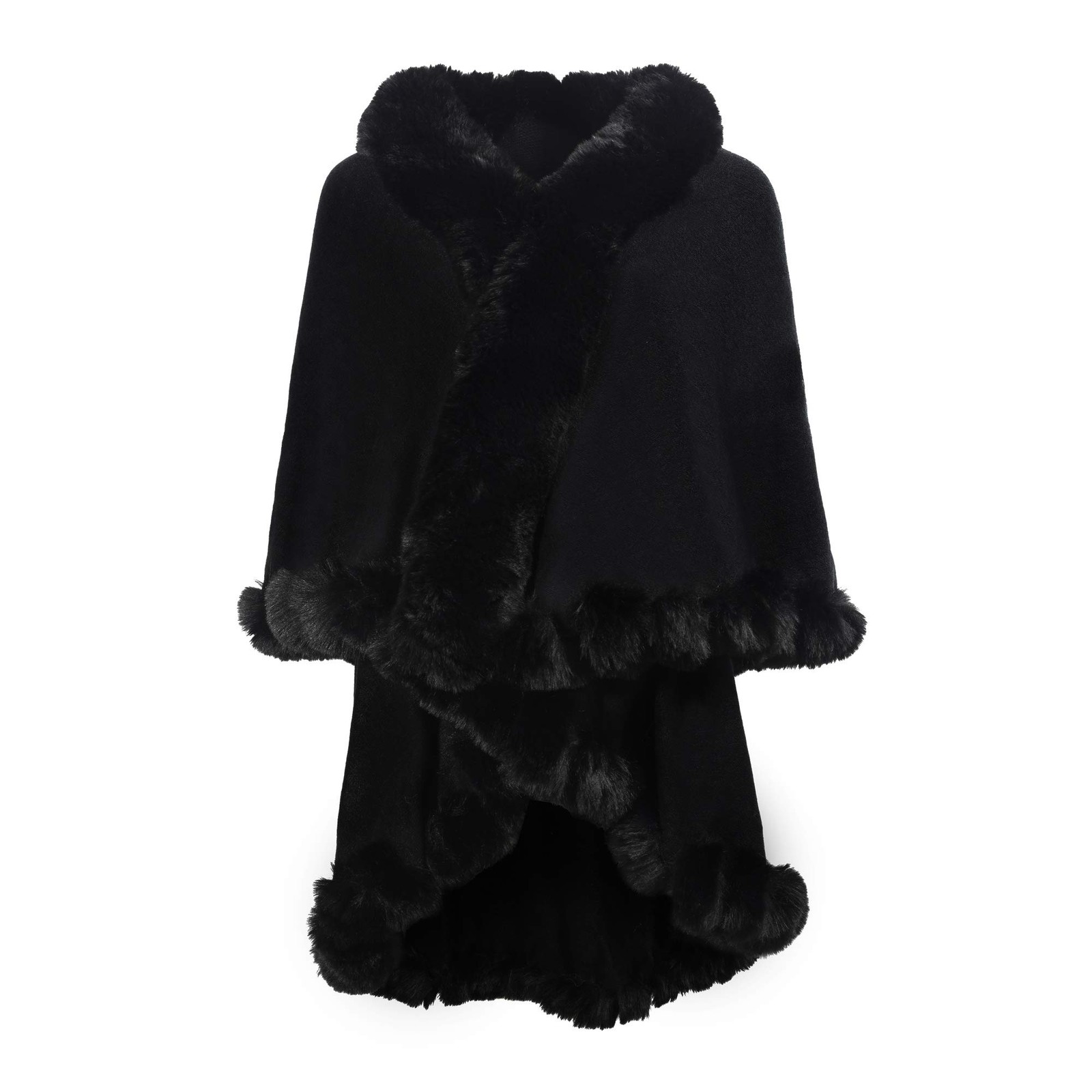 ZLYC Women Faux Fur Trim Open Front Poncho Cape Cardigan, Plain Black, One Size