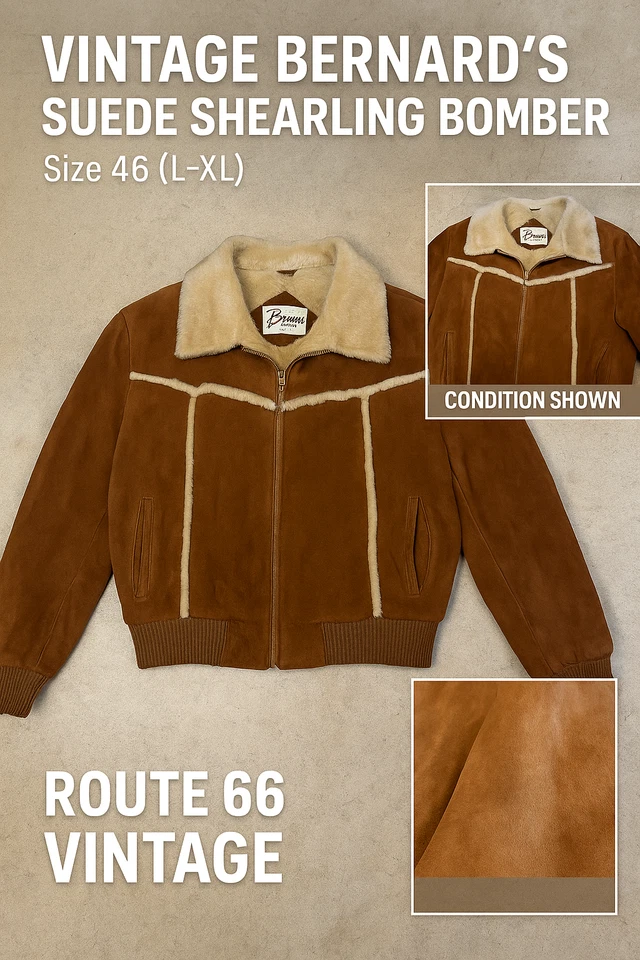 Chaqueta de aviador bombardero de gamuza genuina marrón forrada en piel de oveja Bernard’s vintage L-XL Foto 2 de 4