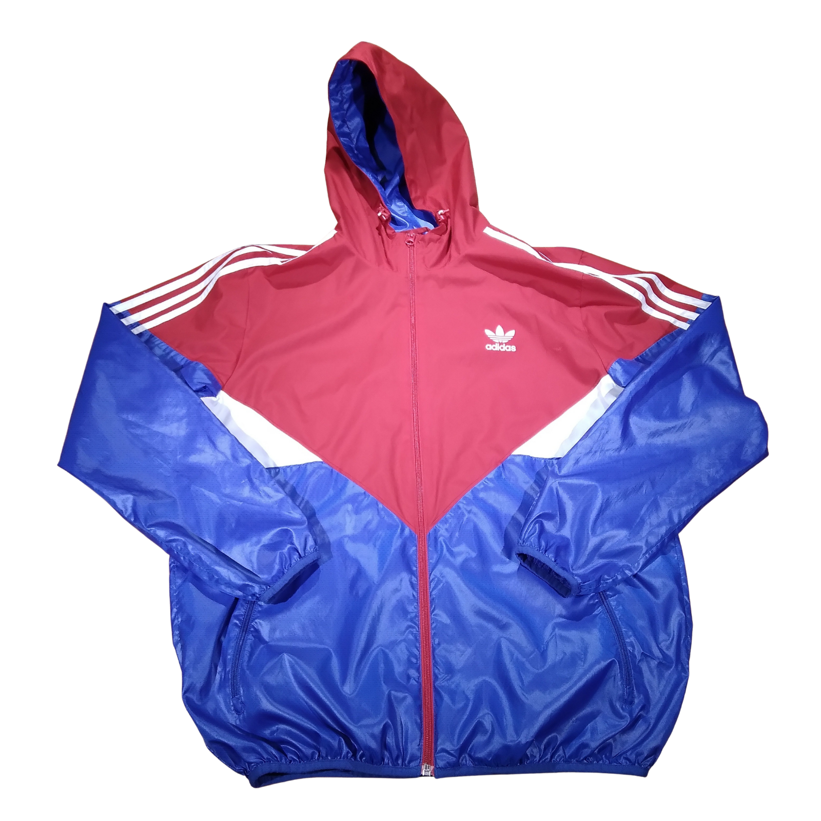 Adidas Track Jacket Hooded Red White Blue Trefoil Logo Light Weight Size Large