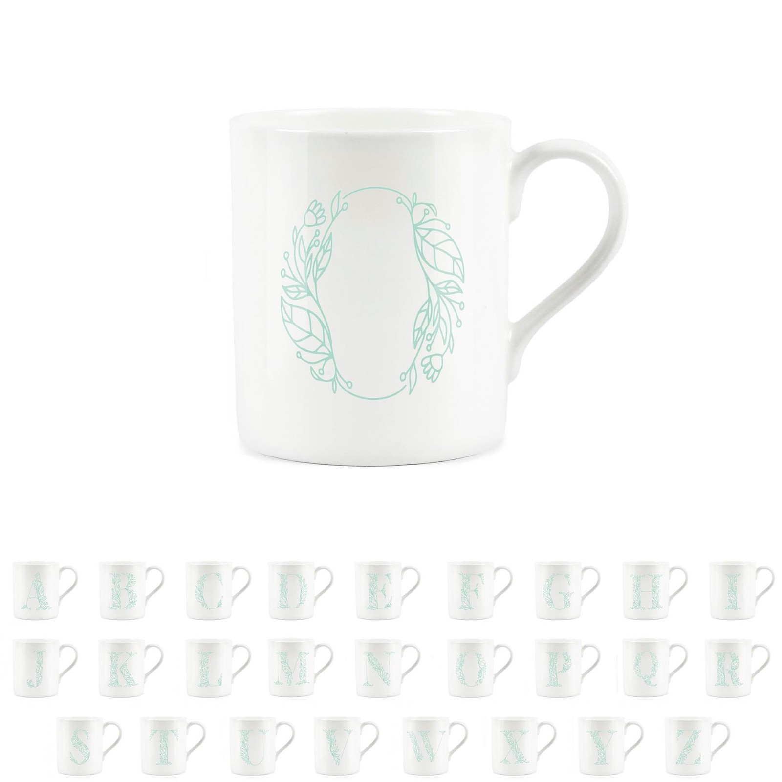 Bone China Letter Mug - Green Floral Alphabet Mug Tea/Coffee Gift - Letter O Mug