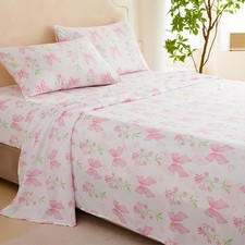 Pink Twin Sheet Set Girls Floral Bow Fitted Sheet Set Kids Soft Microfiber