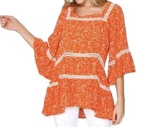Free People Orange Floral Talk About It Tunic Mini Dress Crochet Trim Over Sz M