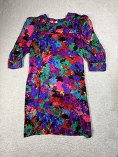 Vintage Flora Kung II Dress Womens 12 Blue Floral Silk Shift Puff Sleeve