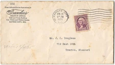 KCMO to Trenton MO, 'Travelers' corner ad, perfin stamp, 1935