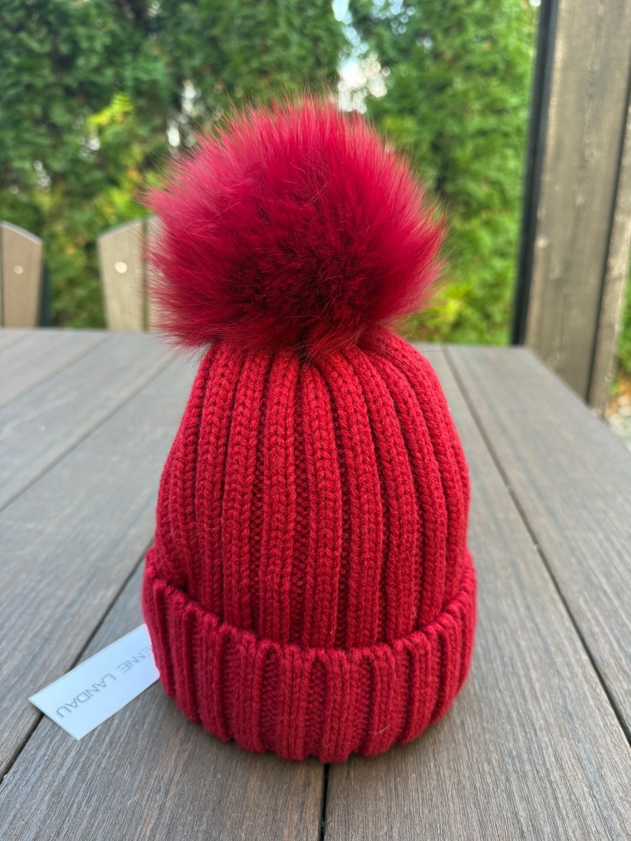 Adrienne Landau Red Sequin Real Fox Fur Pom Knit Wool Blend Beanie Hat NEW Adrienne Landau Beanie Hats Women main image 3