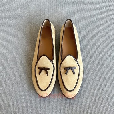Belgian Shoe Women's Belgian Leather Velvet Bow Leather Bean Shoes Ladies