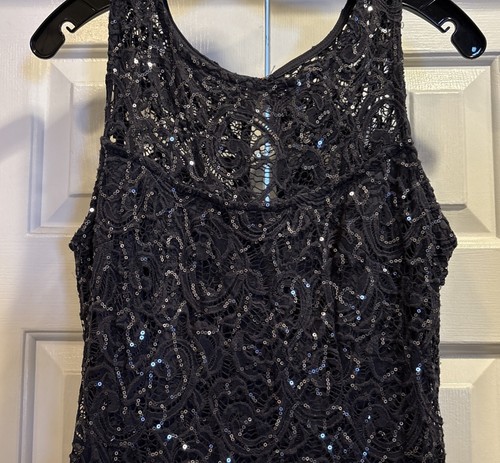 Marina Navy Blue Lace Sequin Sleeveless Formal Gown Maxi Dress 12 New With Tags - Afbeelding 2 van 20