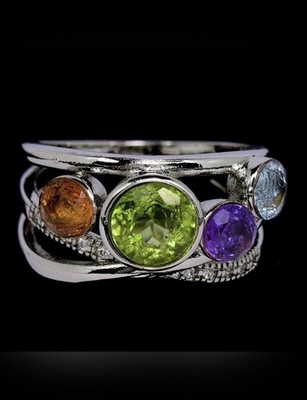 Genuine Peridot, Amethyst, Topaz, Citrine 925 Sterling Silver Ring Sz 8.25
