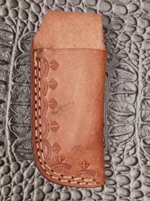 Brown Open Top Engraved Center Belt Loop Leather Pocketknife Sheath