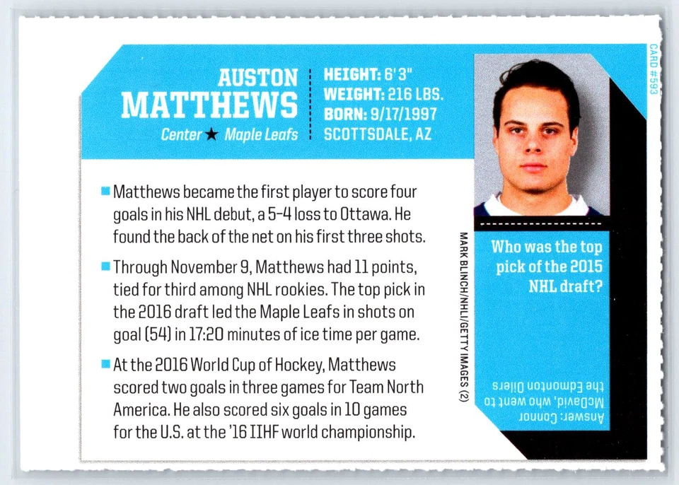 2017 Sports Illustrated for Kids Auston Matthews Rookie SI Kids RC #593 - Image 2 of 2