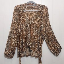Leopard Print Soft Blouse XL Black Brown Gold Long Sleeve Animal Print 48" w Bow