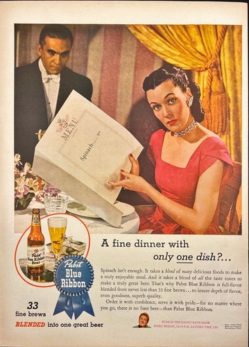 Pabst Blue Ribbon Beer Fine Dinner Vintage Print Ad 1945