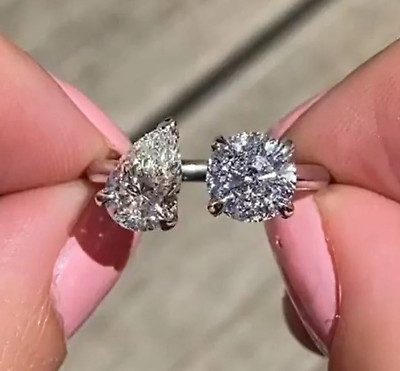 Two Stone 2Ct Pear & Round White Toi Mi CZ Engagement 14K White Gold Ring