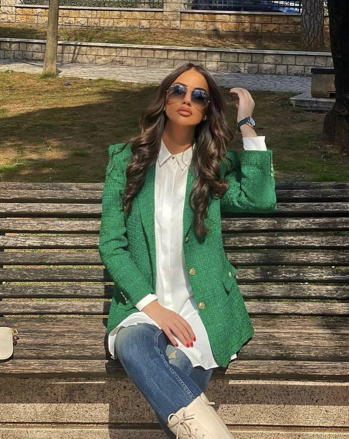 ZARA WOMEN BUTTON TEXTURED WEAVE TAILORED BLAZER GREEN JACKET SIZE EXTRA SMALL image 9