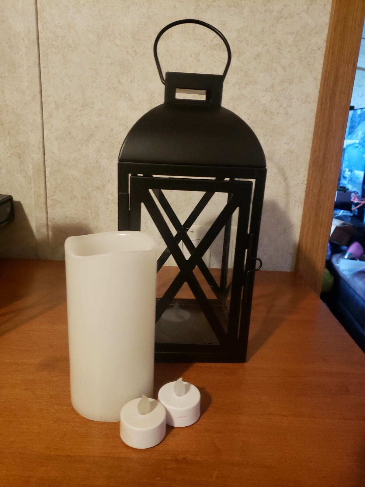 Candle Holder Lantern, glass sides metal bottom W/2 tea light & 1 spiller candle