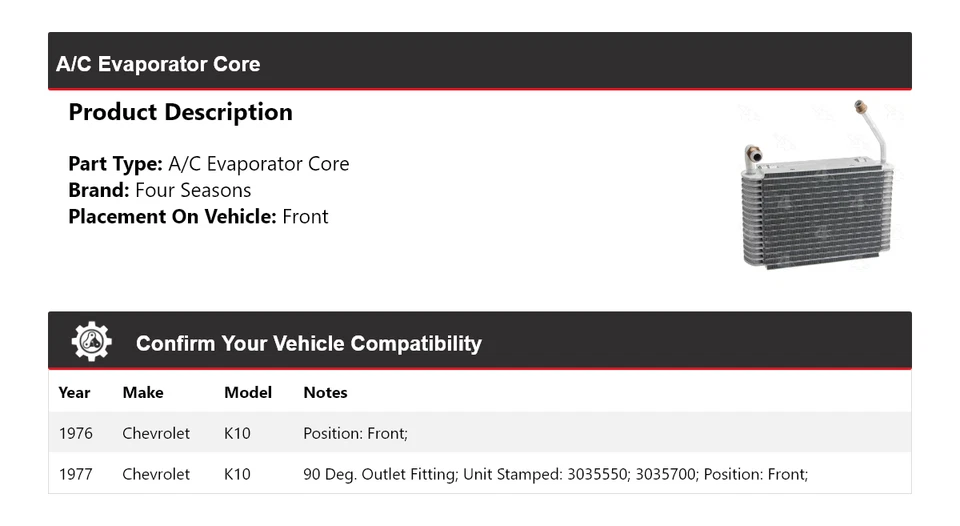 Núcleo evaporador delantero 4 estaciones Chevrolet K10 1976-1977 Foto 2 de 4