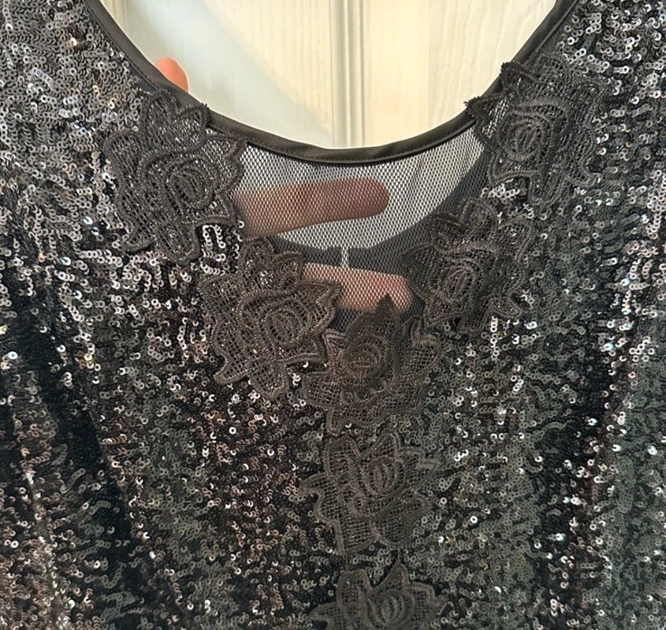 Vestido midi de fiesta J. Peterman negro sin mangas mezcla de seda lentejuelas talla 12 Foto 2 de 4