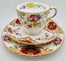 Vintage Tuscan England “Provence” Red Rose Scroll Cup Saucer Plate Trio; Teacup