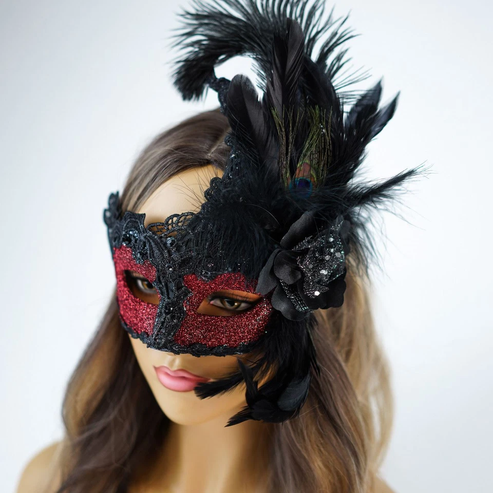 Black Red Feather Masquerade Mask Mardi Gras Burlesque Mask Red Glitter - Image 3 of 4