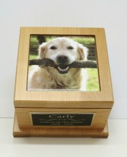 Dog Pet Urn With Custom Photo Tile  Engraved Plate Red Alder Wood