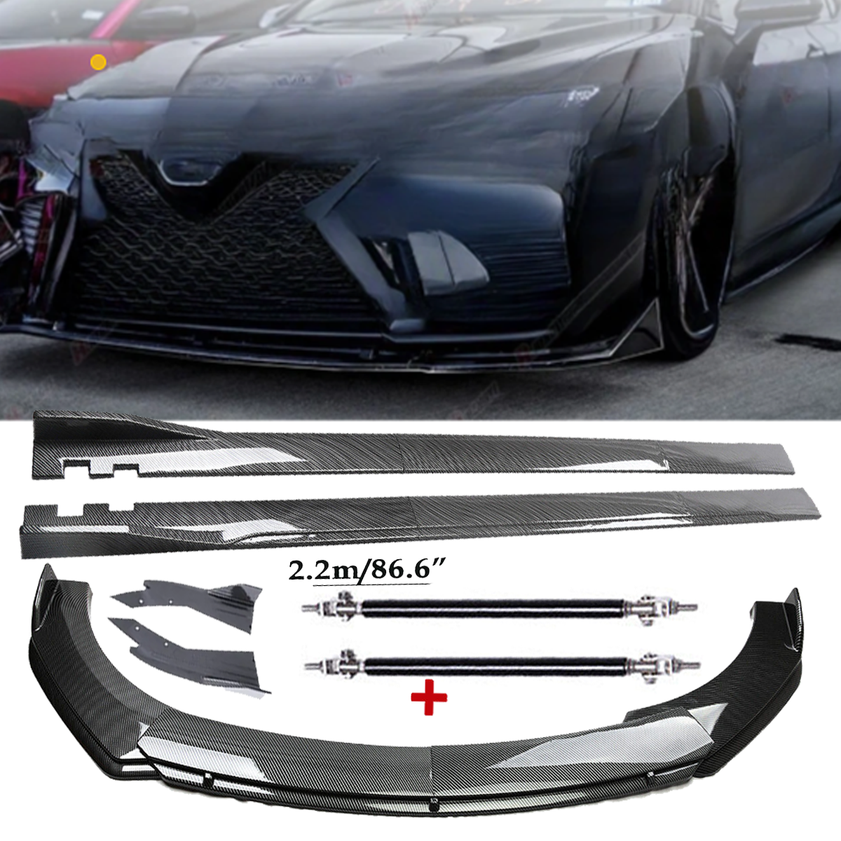 Carbon Fiber Front Lip Spoiler & Side Skirts Kit For Toyota Camry 86.6 Inches