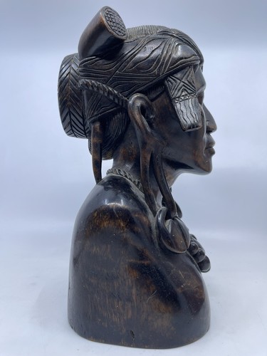 Vintage Handmade Narra Wood Bust Igorot Woman Philippines 1950’s Stretched Ears - Picture 4 of 5