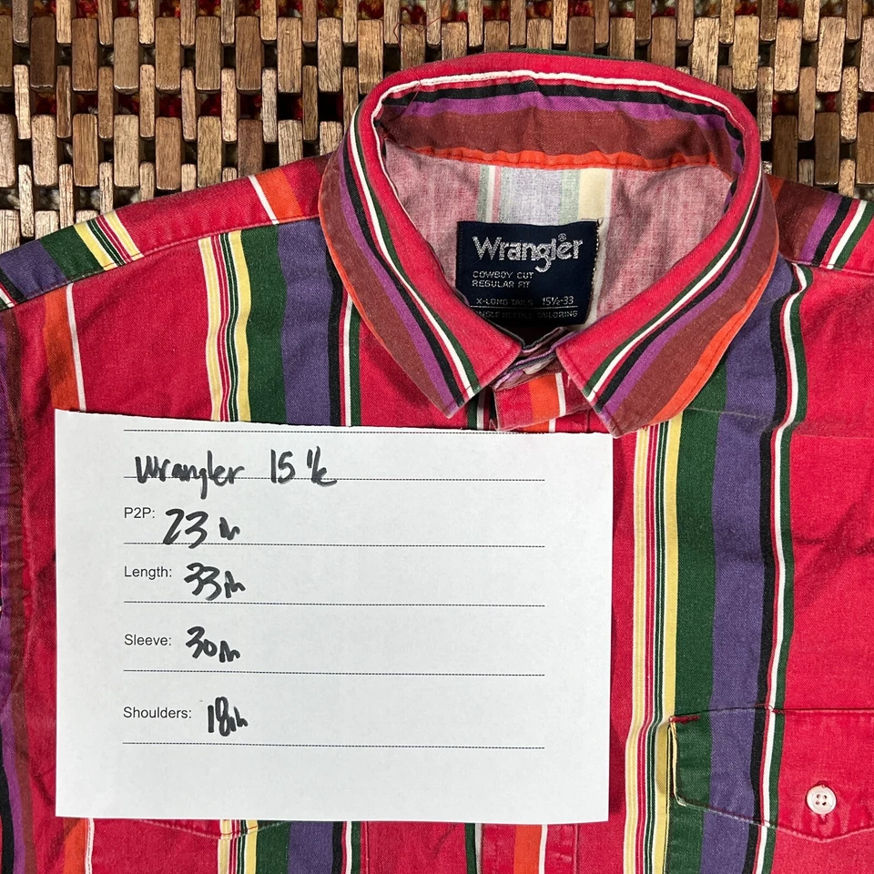 VTG Wranger Striped Button Down Long Sleeve Shirt 15 1/2 Red Men's Medium M - Image 3 of 3