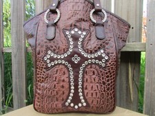 Raviani Brown Croco Embossed Crystals Large Bucket Shoulder Bag Tote With Cross