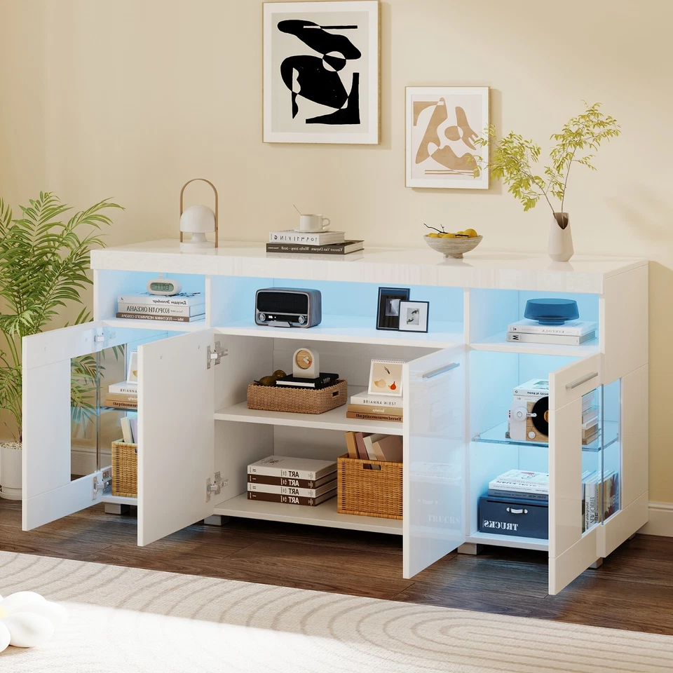 Moderner Sideboard Kommode Anrichte Schrank mit LED Beleuchtung Weiß Hochglanz - Bild 4 von 4