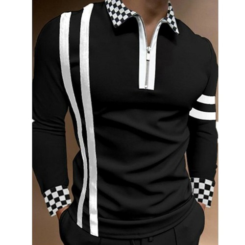 Men Fashion Printed T-Shirt Plaid Zip Up Lapel Shirt Slim Casual Long Sleeve - Picture 8 of 10