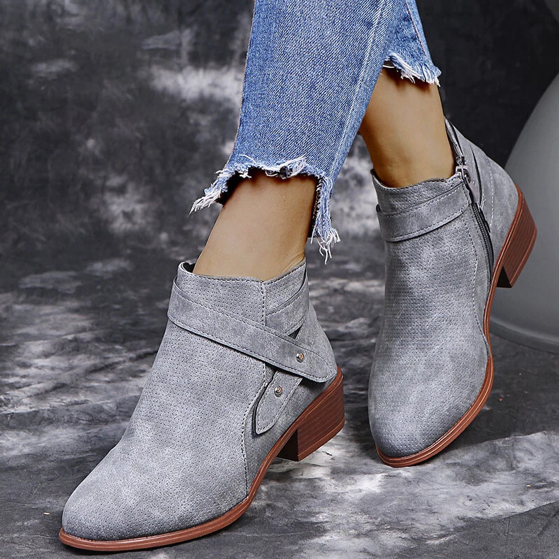 Womens grey ankle top boots low heel