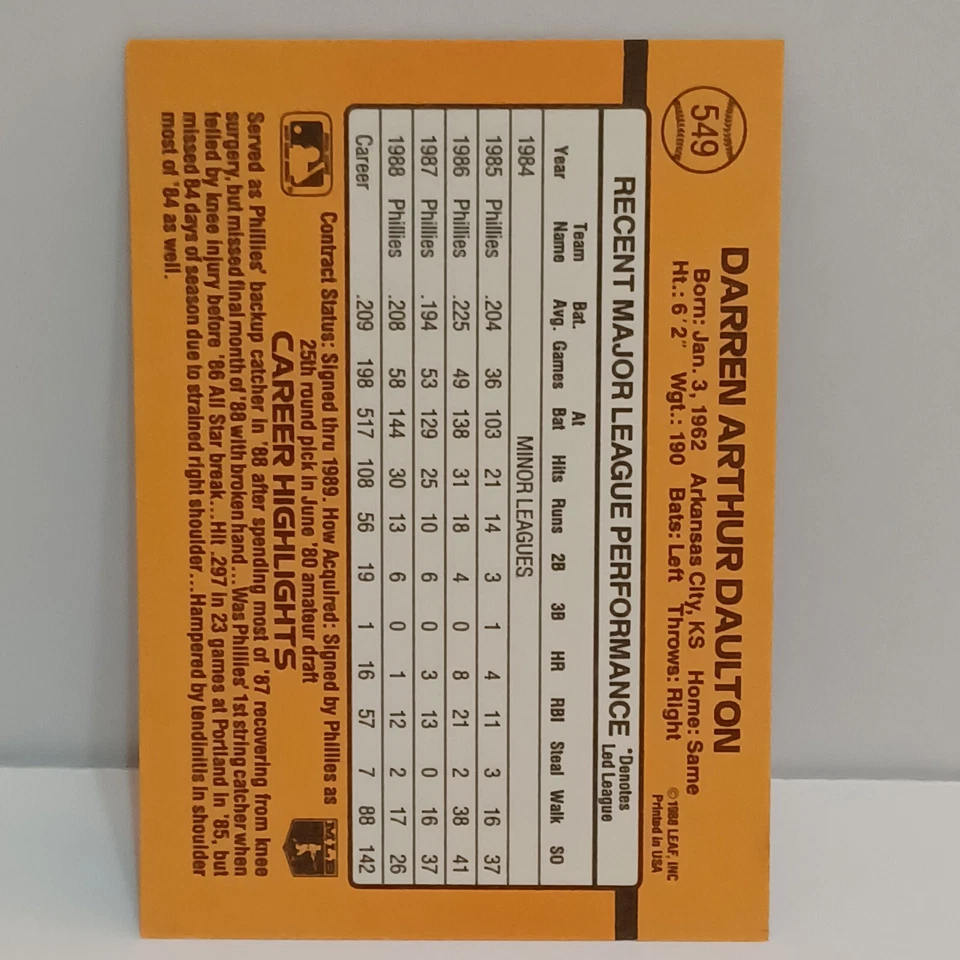 ⚾️ 1989 Donruss Darren Daulton Misprint Error Card (No Dot After INC) Phillies - Image 4 of 4