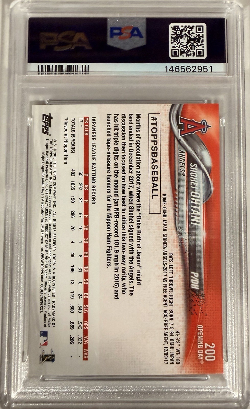 2018 Topps Opening Day - Shohei Ohtani #200 PSA 10 view 2