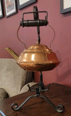 Vintage Coppercraft Guild Copper Tea Pot W/Wrought Iron stand Collectible