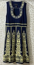 NWT INC Women’s S Blue Yellow Boho Embroidered Empire Waist Short Dress