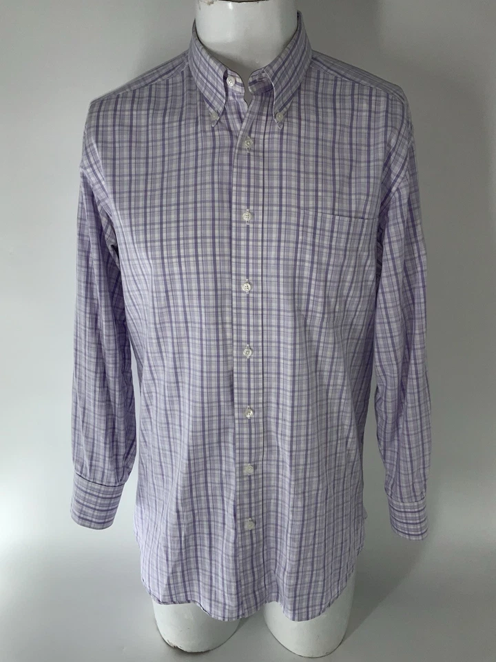 Savile Row Bespoke Dress Shirt Men 16 32 Purple White Plaid Cotton USA YGI Q5-92 - Image 2 of 4