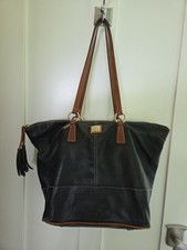 Dooney and Burke black leather satchel with cognac brown leather trim CLASSIC
