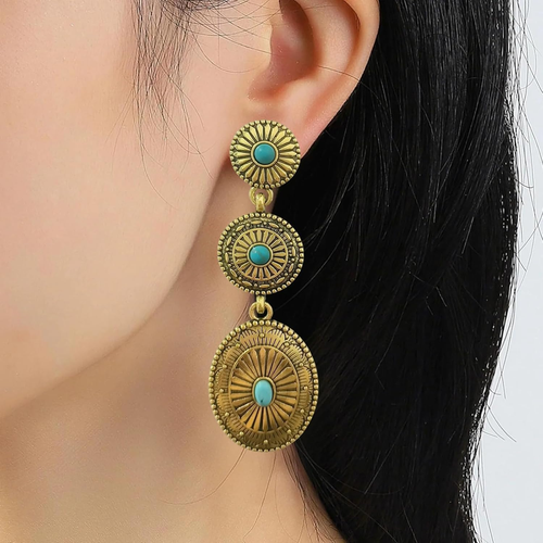 Vintage Oval Turquoise Dangle Earrings for Women - Western Concho Style - Picture 7 of 12