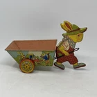 J Chein & Co Vintage 1950s Easter Bunny Rabbit Pulling Cart Tin Litho ~ Toy 11"