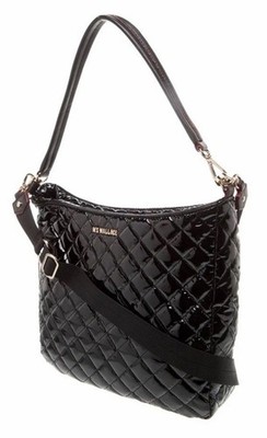 MZ WALLACE Lacquer Hobo Black Crossbody Shoulder Bag Zipper Accents Pockets NWOT