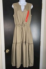 NEW Lands' End Women's M Lyocell Tiered Midi Dress Sleeveless Drawstring Khaki
