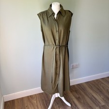H&M Linen Blend Khaki Olive Sleeveless Shirt Dress Tie Belt Midi UK 12 14