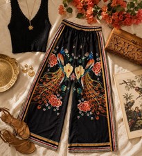 Peacock Print Wide Leg Palazzo Pants Boho Res...